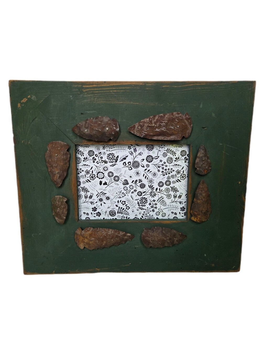 Handcrafted Vintage Green Picture Frame with Rustic Metal Arrowhead Accents USA